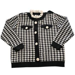 Vintage Y2K Girls Sz 6/7 Cardigan Sweater Black White Gingham Academia Core